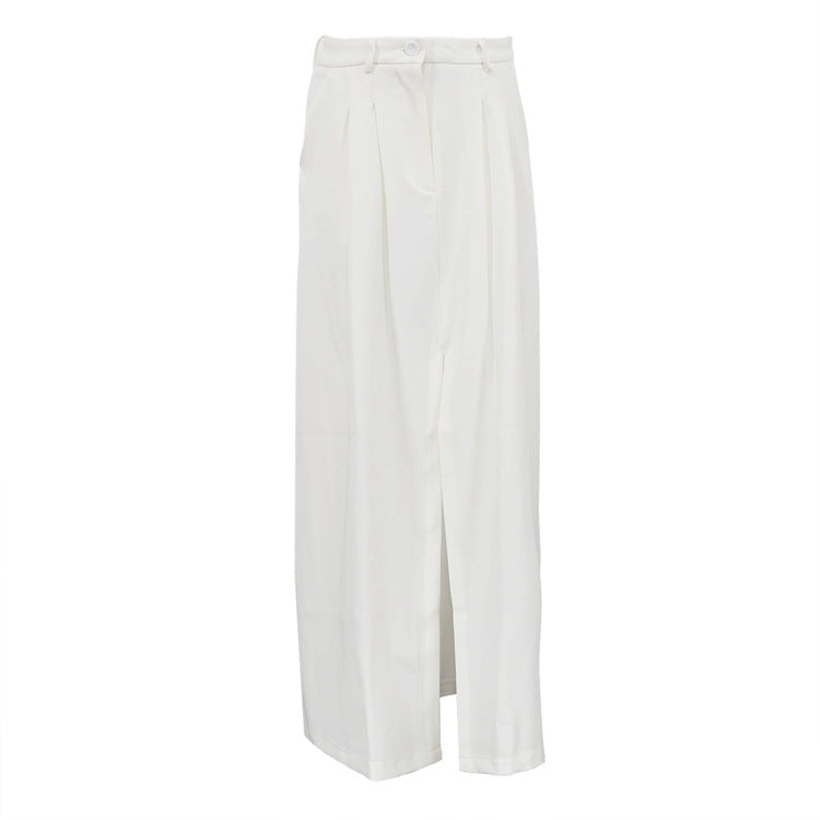 Office French High Waist Ruched Skirt Women Elegant High Sense Slit A line Skirt