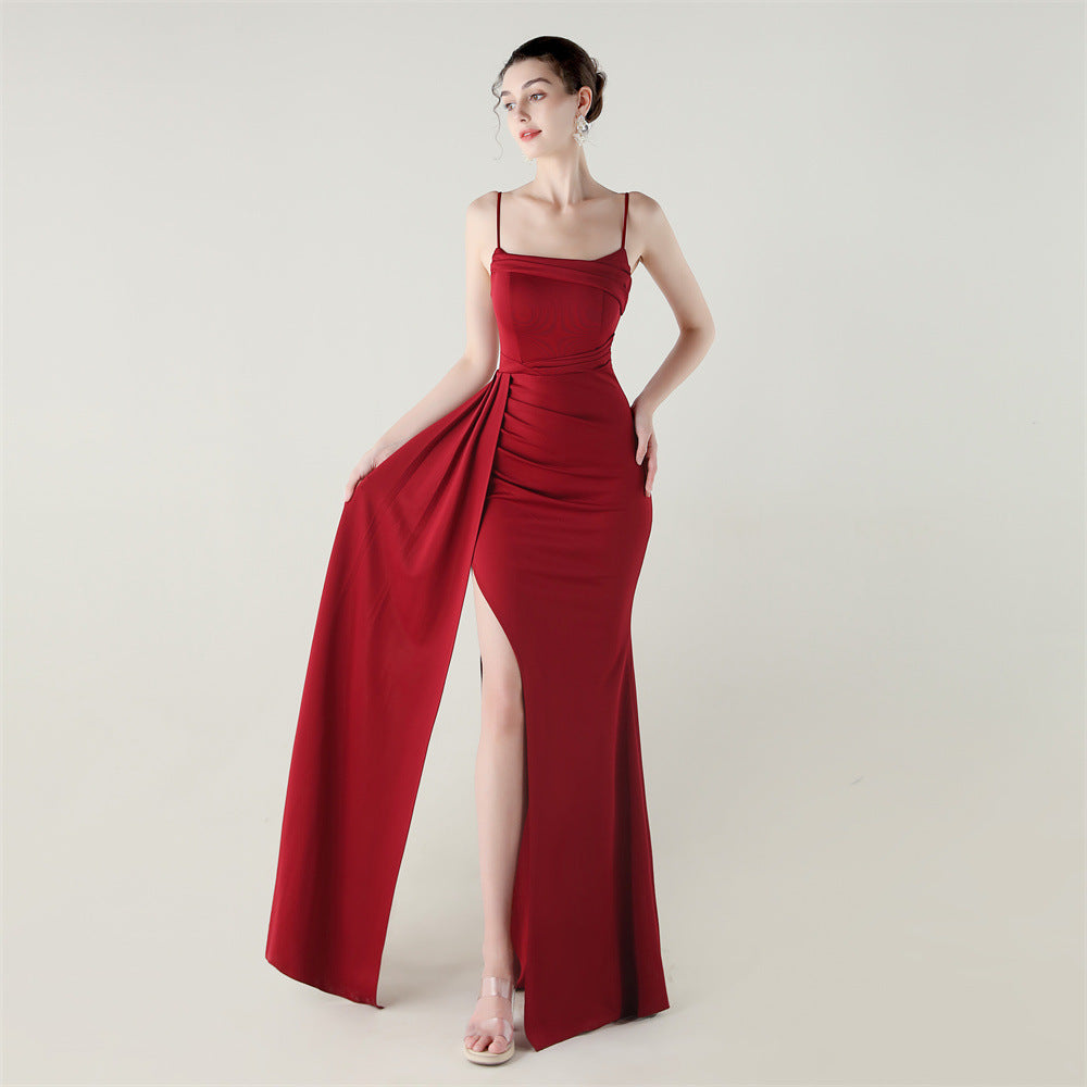 Camisole Tube Top Satin Pleated Fishtail High Slit Evening Dress Elegant Slim Dress for Dinner Ceremony