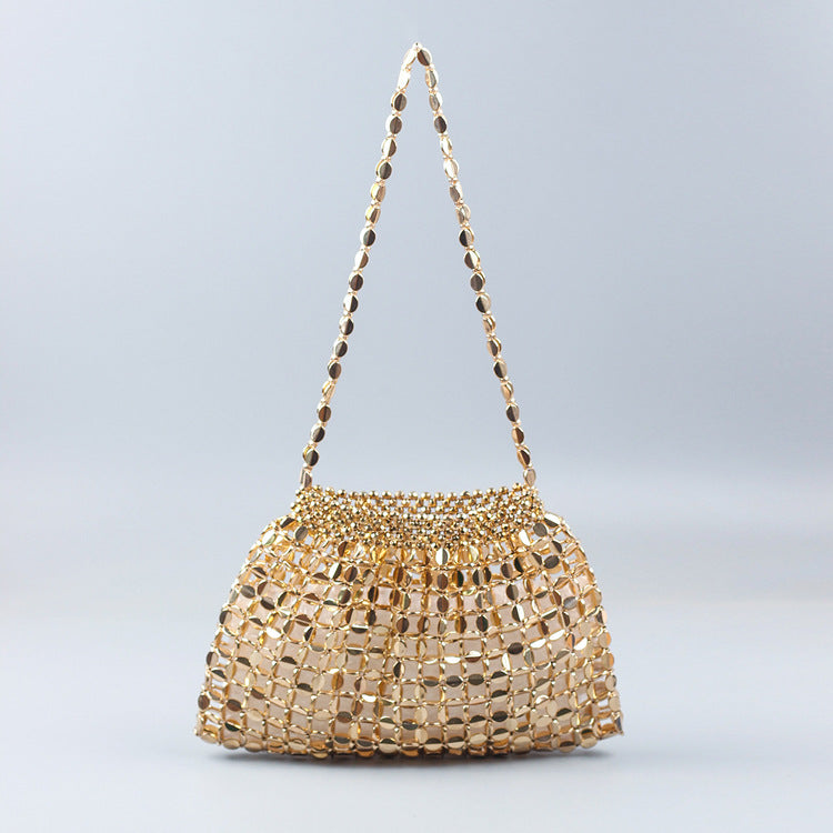 Popular Handmade Silver Gold Flat Beads Beaded Weave Large Dumpling Trendy One Shoulder Handbags