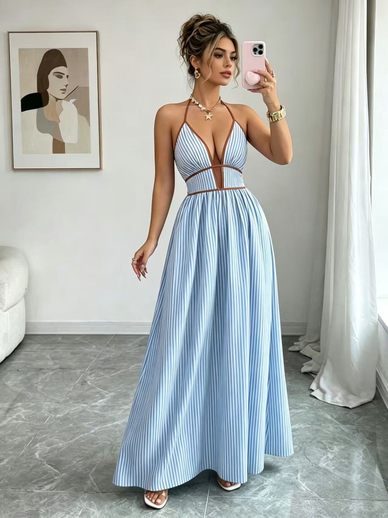 Casual Sleeveless Halter Fitted Waist Striped Color Matching Long Maxi Dress