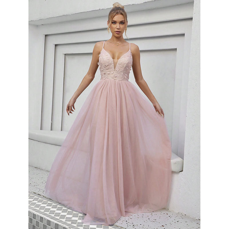 Evening Dress Sexy Hollow Out Cutout out Backless Deep V Plunge Lace Stitching Long Sleeve Dress
