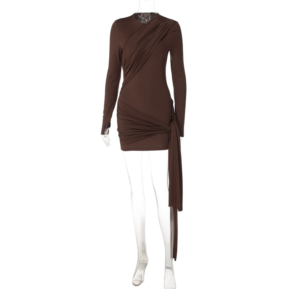 Solid Color Sheath Short Dress Autumn Long Sleeve Ribbon Slim Dress Women