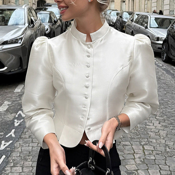 Spring Arrival French Stand Collar Puff Sleeve Long Sleeve Office Palace Women Shirt