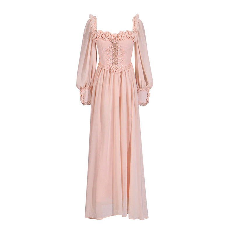 Private Clothing Socialite Summer Sexy Square Collar Three Dimensional Floral Decoration Drawstring Lantern Sleeve Dress Women