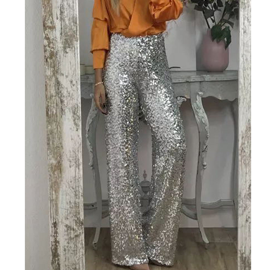 Spring Summer Party Sequ Bell Bottom Pants Casual Slim Elastic Multi Color Bell Bottom Pants