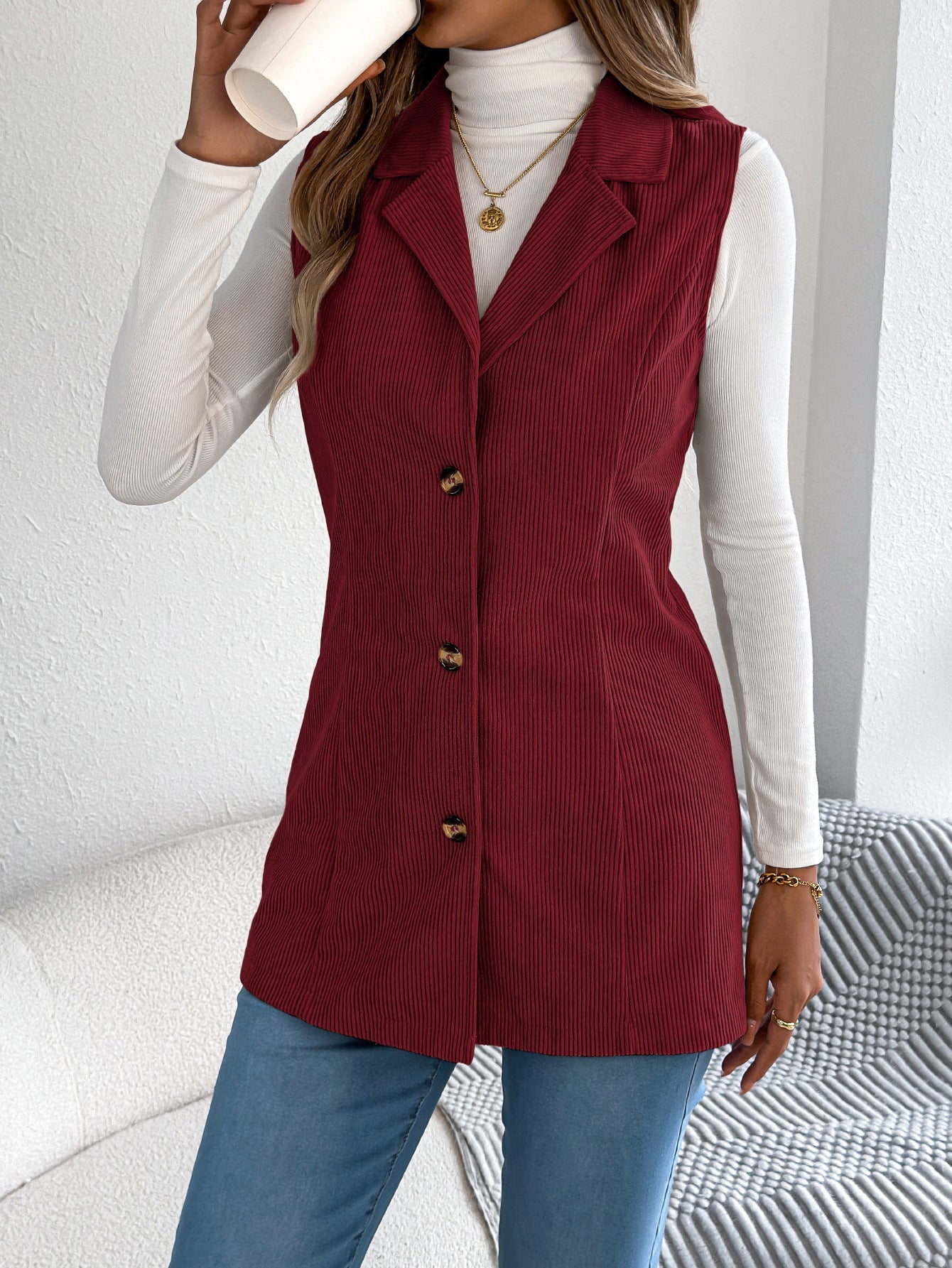 Fall Winter Casual Single Breasted Blazers Collar Corduroy Vest Coat Women Clothing