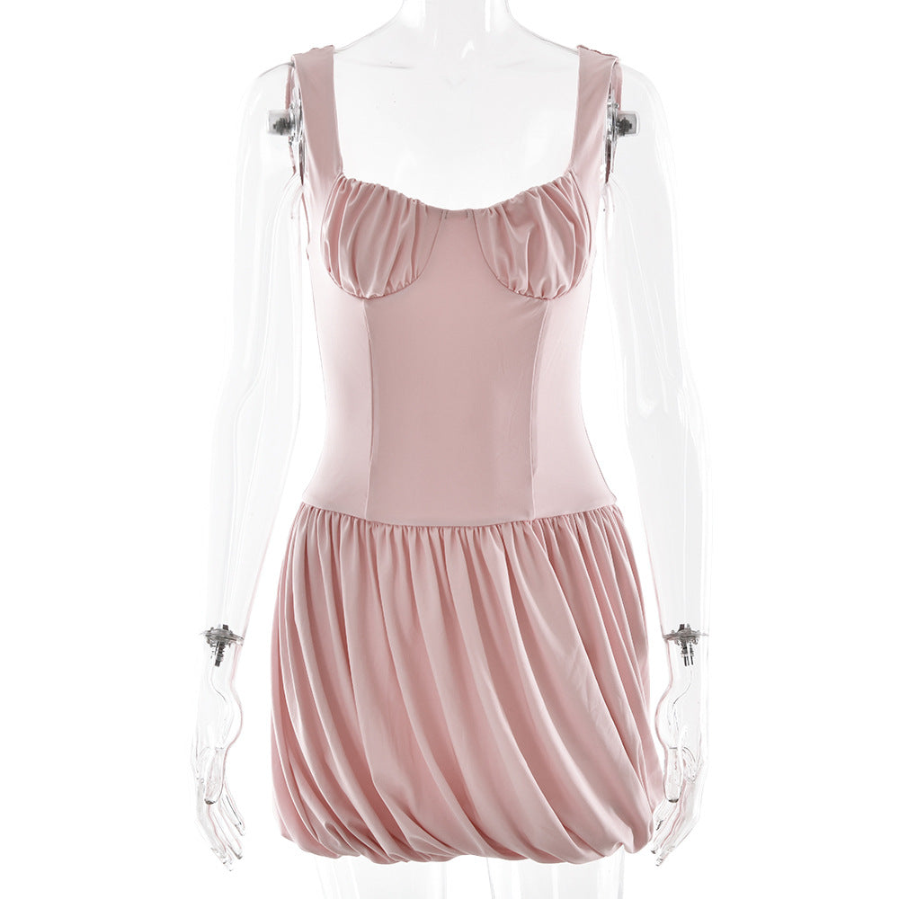 Strap Tube Top Dress Sexy Waist Trimming Solid Color Pleated Sleeveless Dress