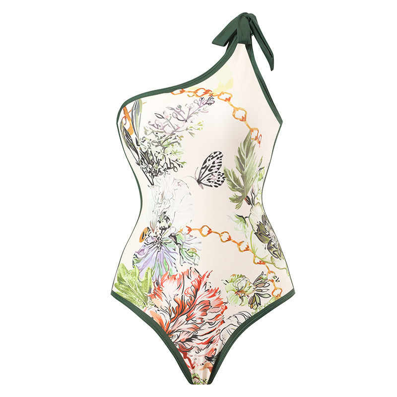 Women Swimsuit Elegant Printed Stitching Contrast Color Beach Sun Protection Skirt Shoulder Two Piece Swimsuit