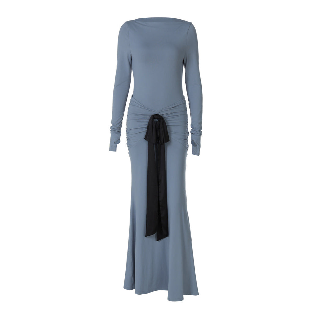 Women Clothing Summer Solid Color Pleated Waist Controlled Lace up Long Sleeve Dress Women