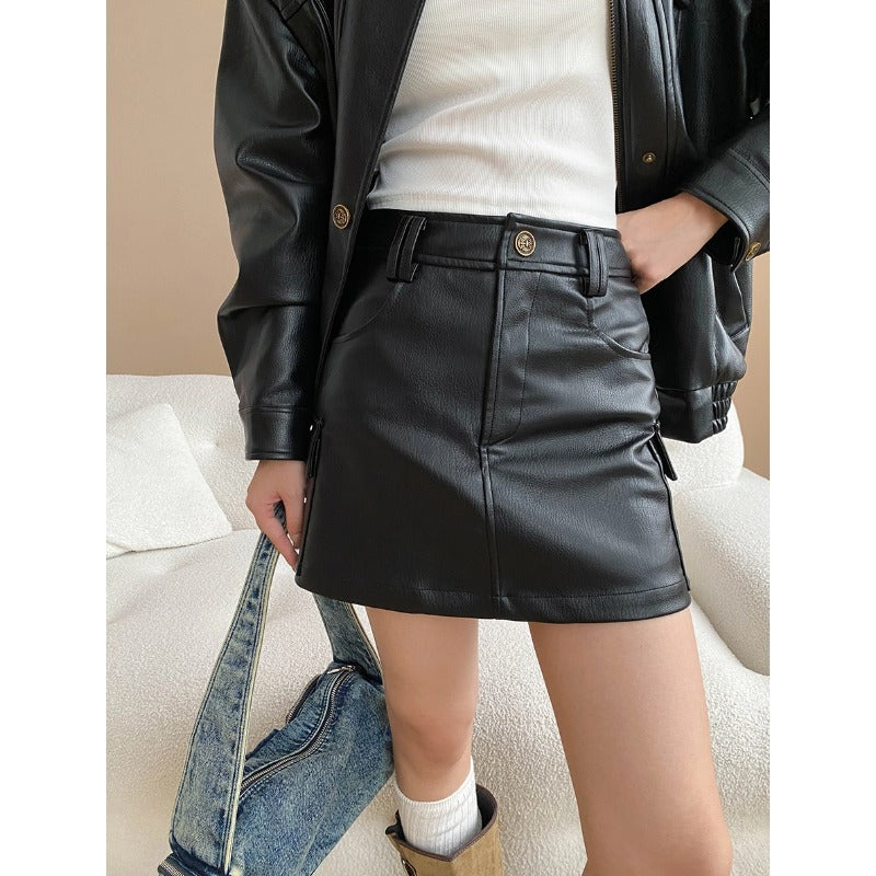 Sinan Early Autumn Retro Workwear Pocket Faux Leather Jacket Coat Skirt Set