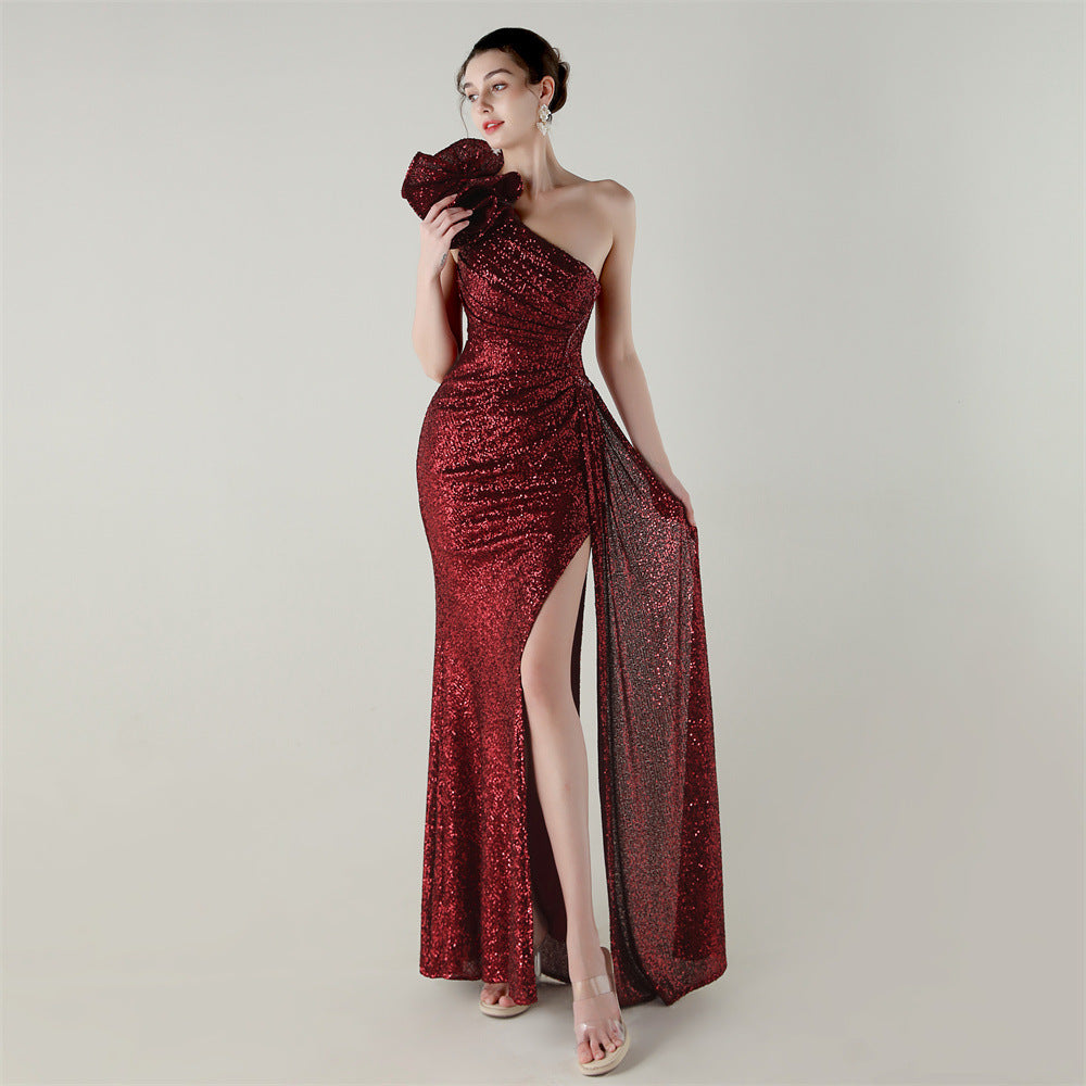 One Shoulder Sequin Craft Floral Beaded Slim Fishtail Evening Dress Award Ceremony High End Social Dress