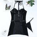 Black Micro Elastic Soft Leather Non Faux Leather Patent Leather Motorcycle Metal Nail Halter Waist Tight Hip Skirt Two Piece Set