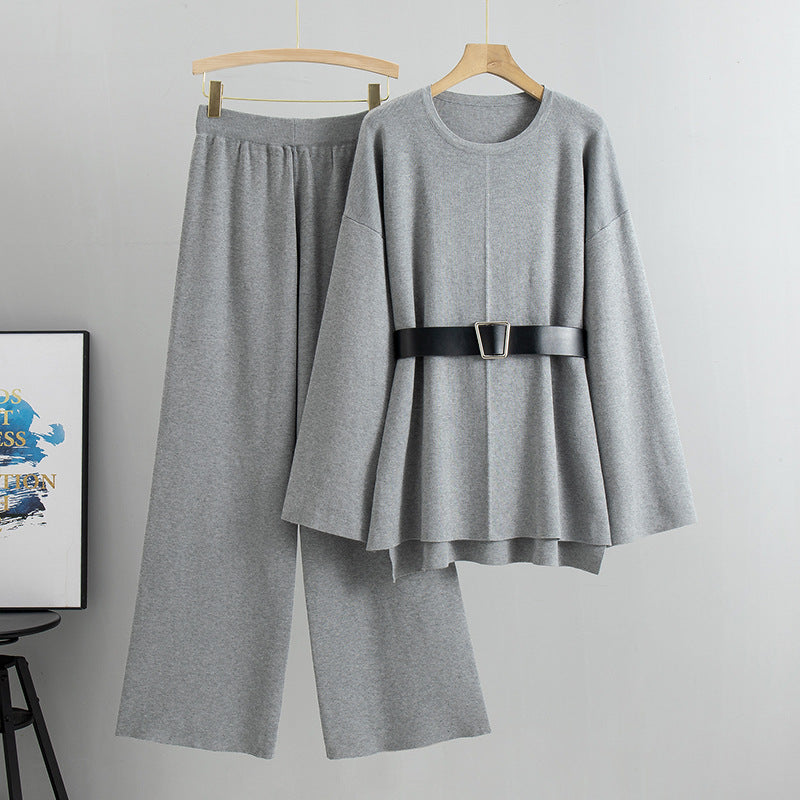 Suit Women Spring Autumn Women Clothing Socialite Elegant Knitwear Slimming Sweater Wide Leg Pants Two Piece Set