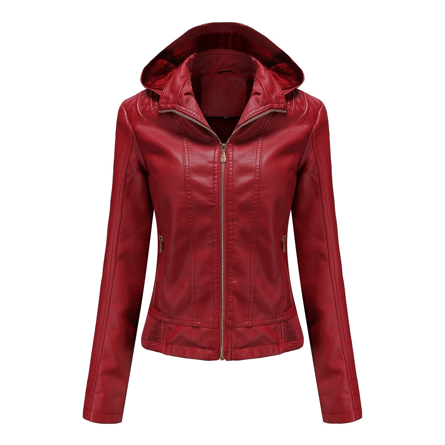 Fall Winter Hooded Leather Coat Women's Detachable Hat Long Sleeve Zipper Fleece-Lined Leather Jacket Slim Coat