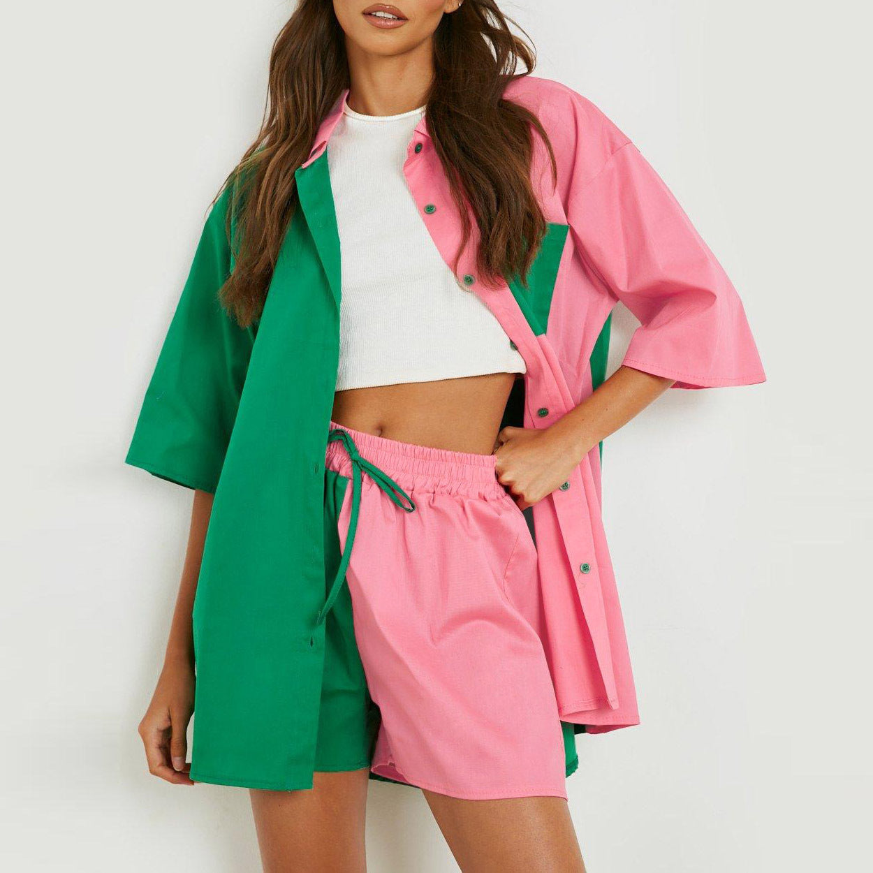 Spring Summer Casual Set Women Color Matching Super plus Size Half Length Sleeve Shirt Top Elastic Waist Shorts Two Piece Set