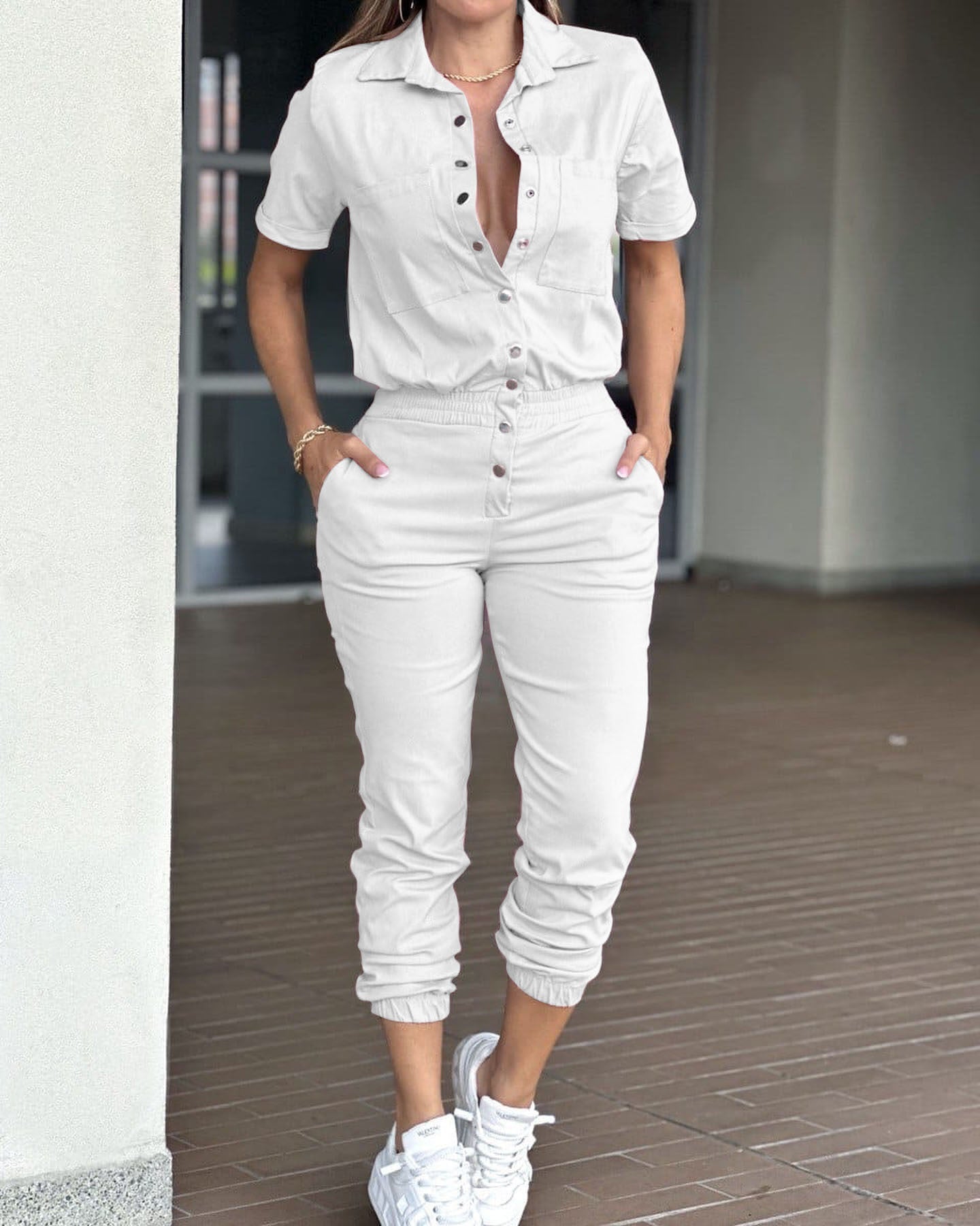 Casual Women Ankle Tied Jumpsuit Collared Pocket Waist Elastic Button Jumpsuit