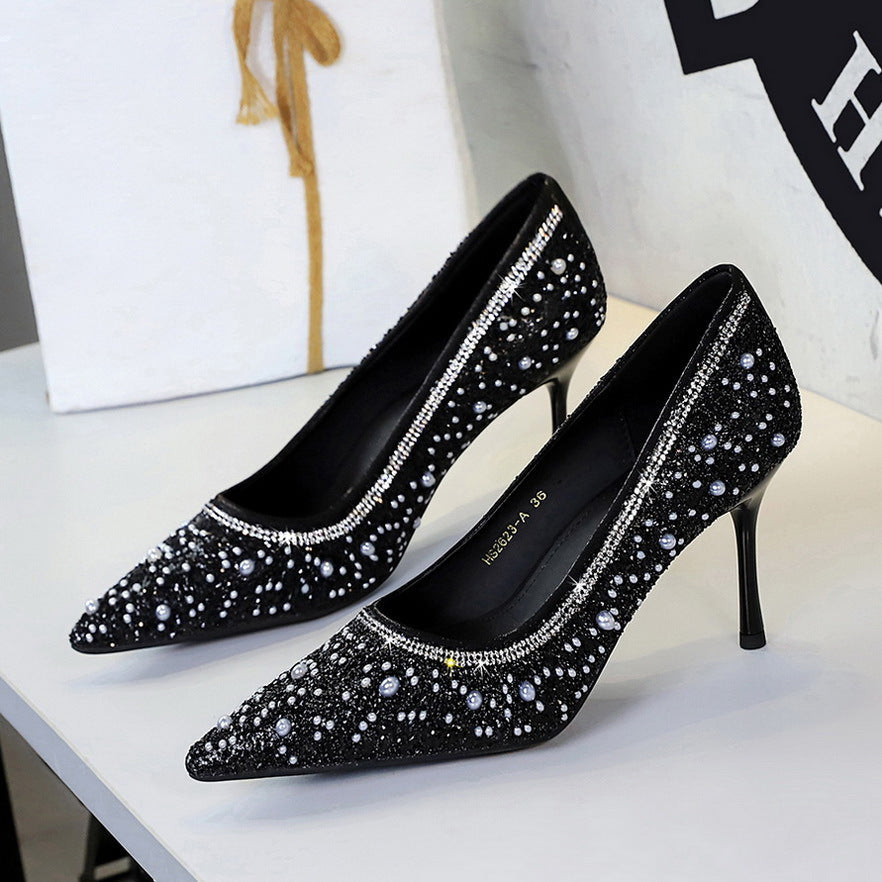 French Cocktail High Heels Women Sequined Beaded Pointed Low Cut Stiletto Heel Slip on Pumps Women