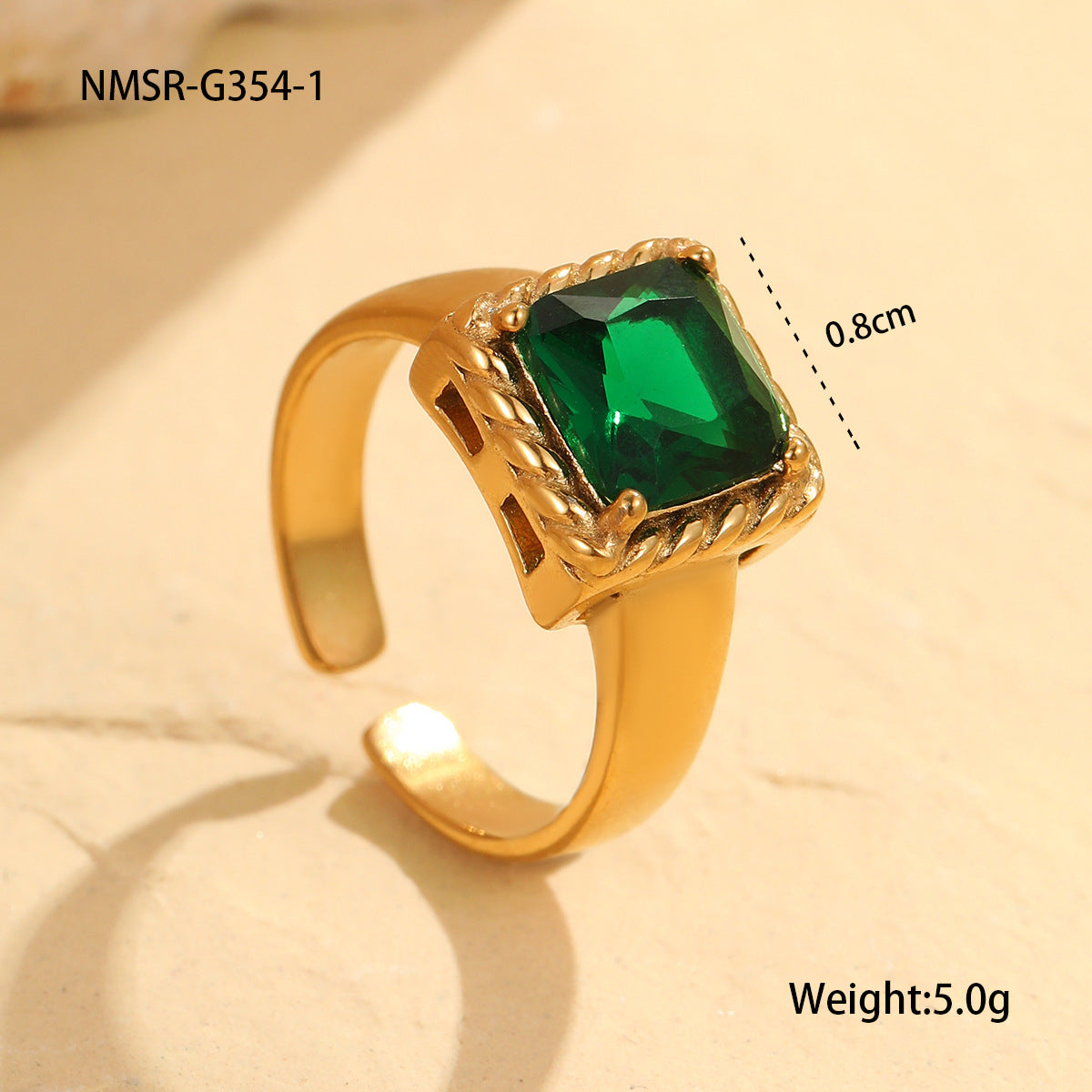 Entry Lux Color Square Open End Zircon Ring Stainless Steel 18K Gold Plating Vintage Modern Office Ring