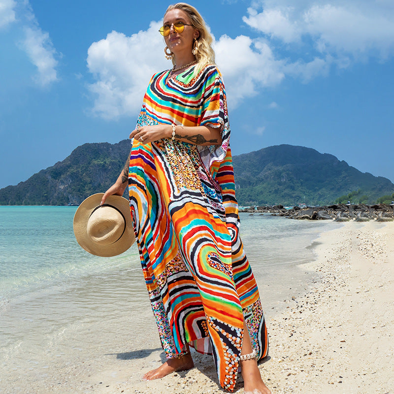 Printed Robe Seaside Holiday Sun Protection Shirt Beach Dress Bikini Swimsuit Blouse Outer Wear