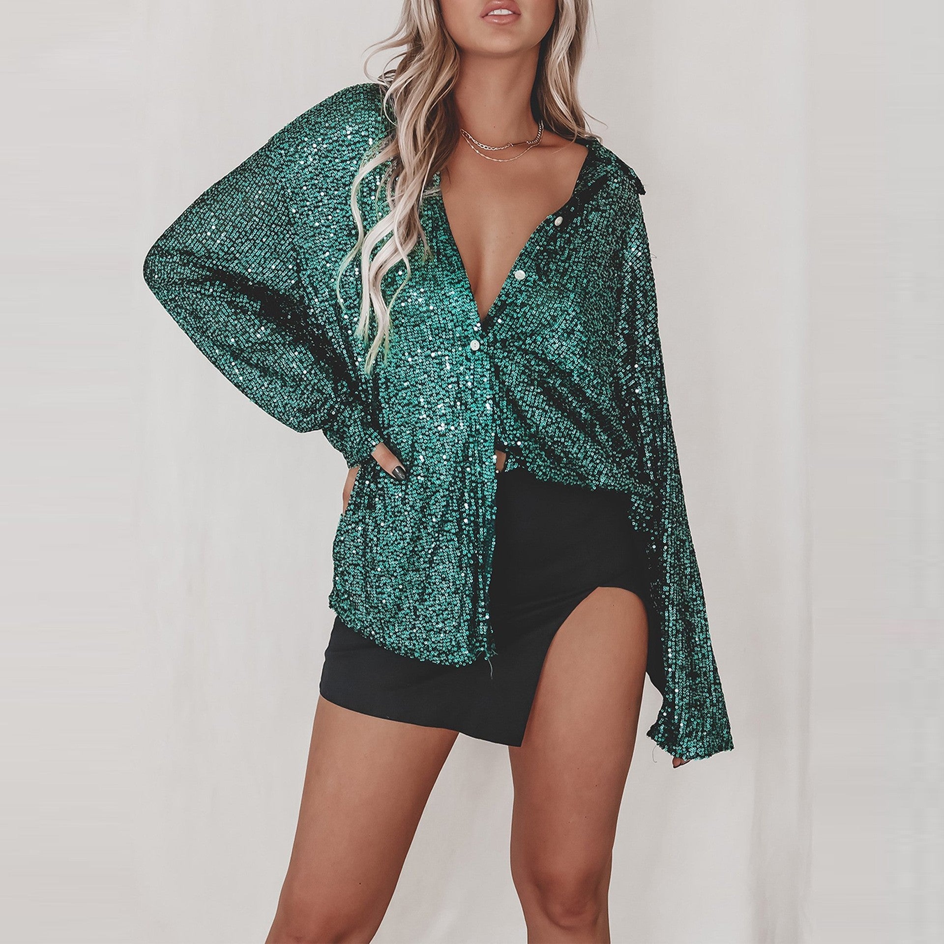 Spring Summer Sequin Top Collared Long Sleeve Cardigan Basic Women Clothing
