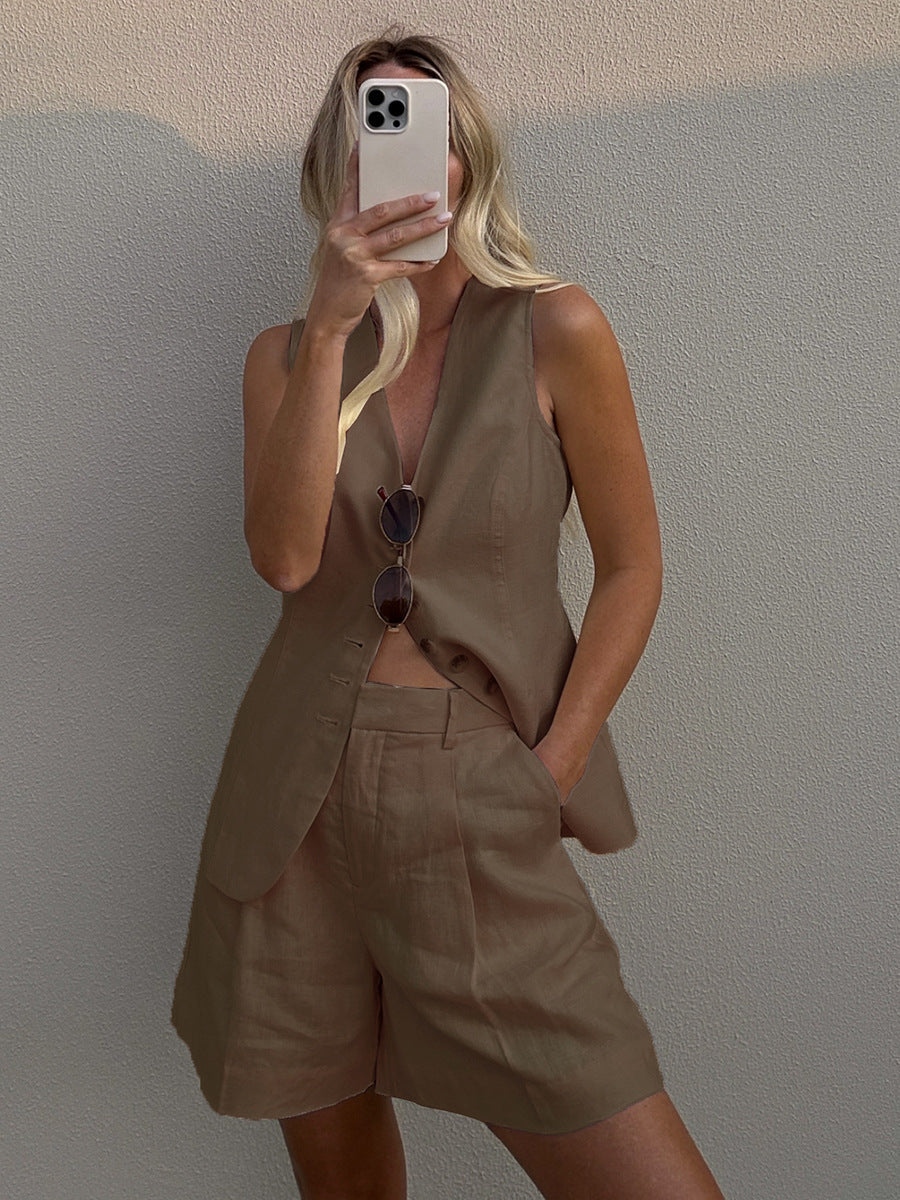 Cotton Linen Vest Shorts Set Summer Office Vest Shorts Set Casual Women