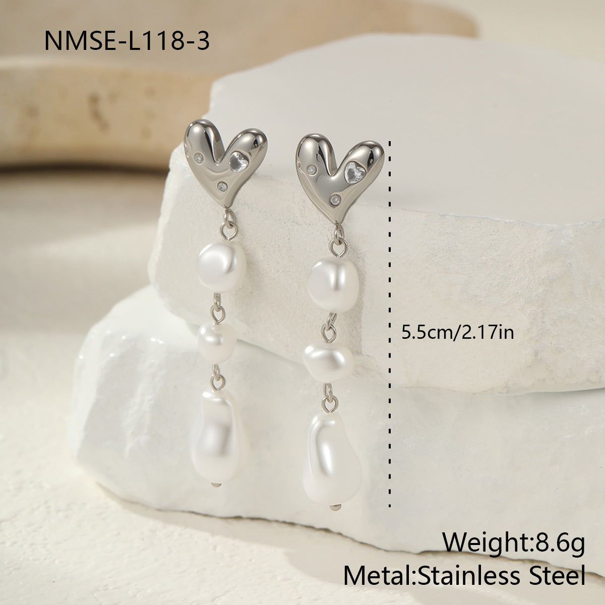French Baroque Pearl Long Tassel Stainless Steel Earrings Light Extravagant Love Heart Shaped Design Earrings Ornament