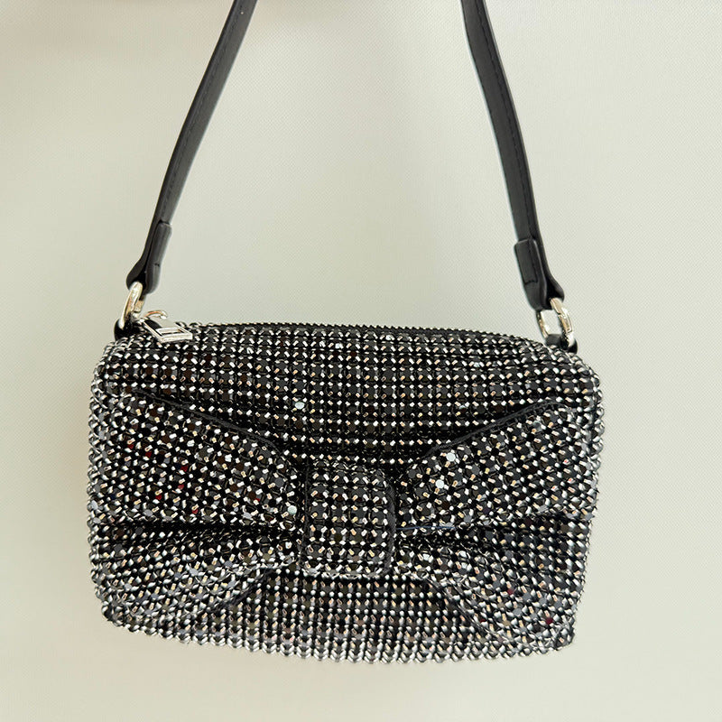 Chic Bow Classic Small Square Bag Full Diamond Party Rhinestone Clutch Chain Shoulder Crossbody Women Trendy Bag