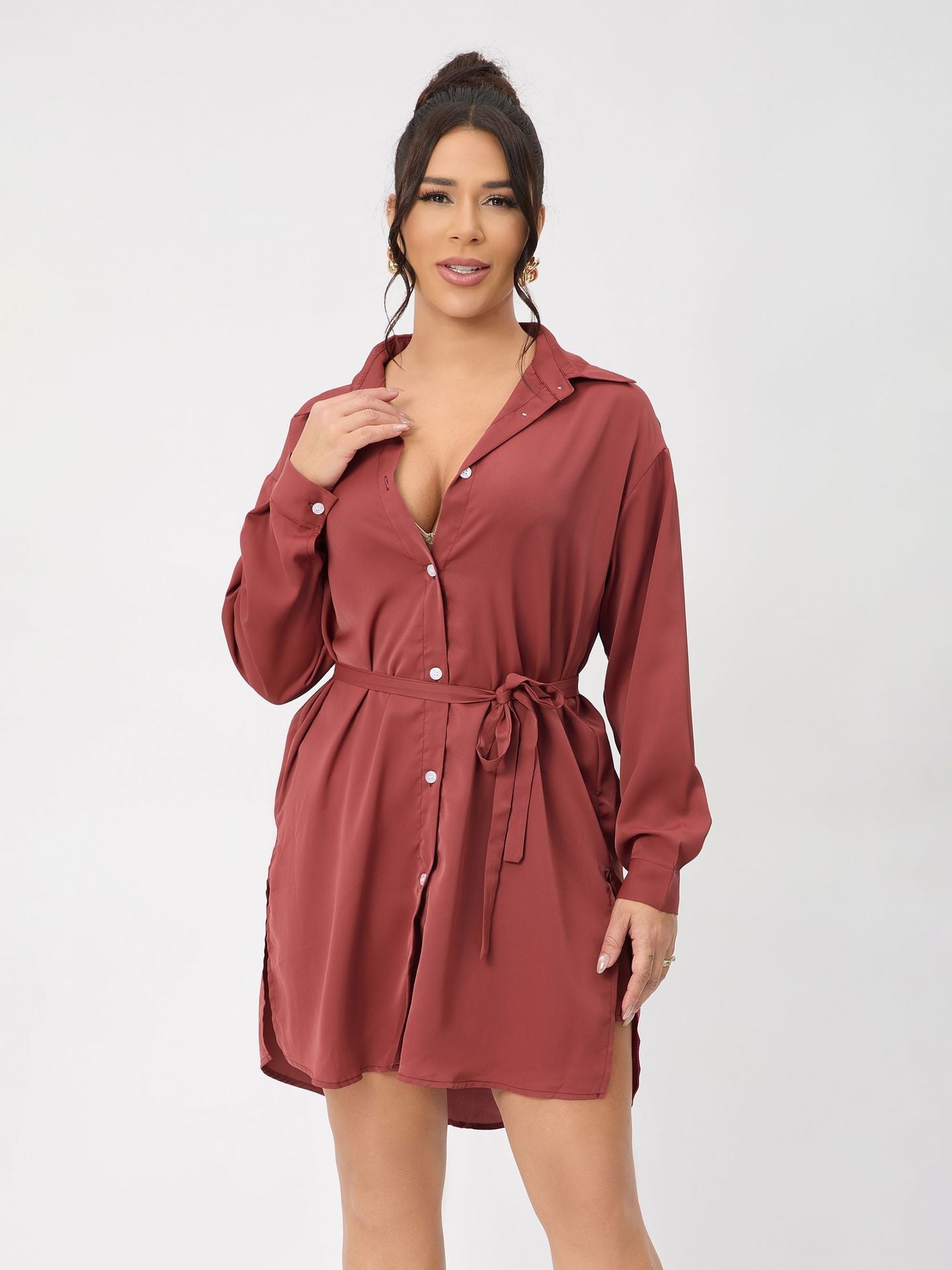 Casual Long Sleeve Women Clothing Long Shirt Collar Belt Two Piece Shorts Sets Women Spring