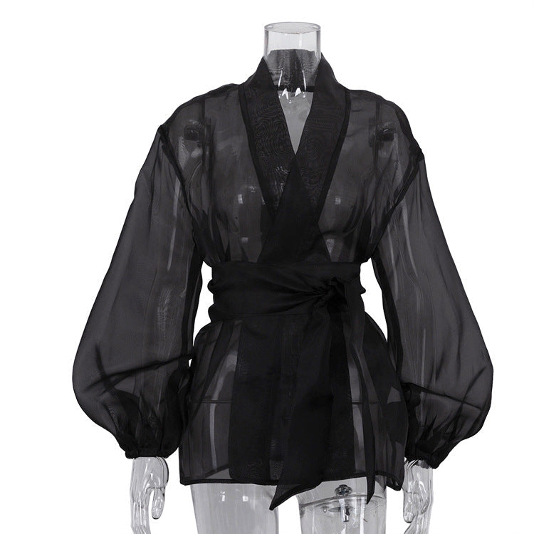 Spring French Black See through Shirt Women Puff Sleeve V neck Lace up Top