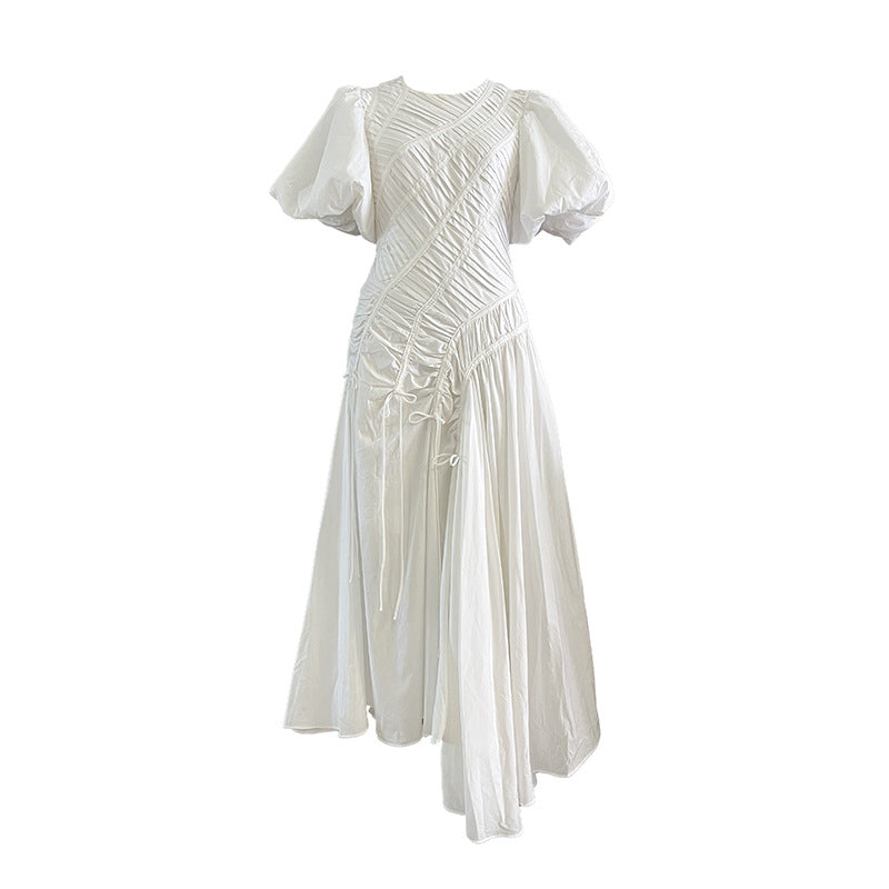 Elegant Simple Prom Dress Women Summer Maxi Dress Puff Sleeve round Neck Pleated Dress