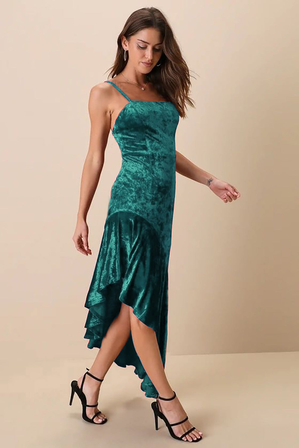 Pleuche Spaghetti Strap Dress Sexy Patchwork Ruffled Sheath Fishtail Dress
