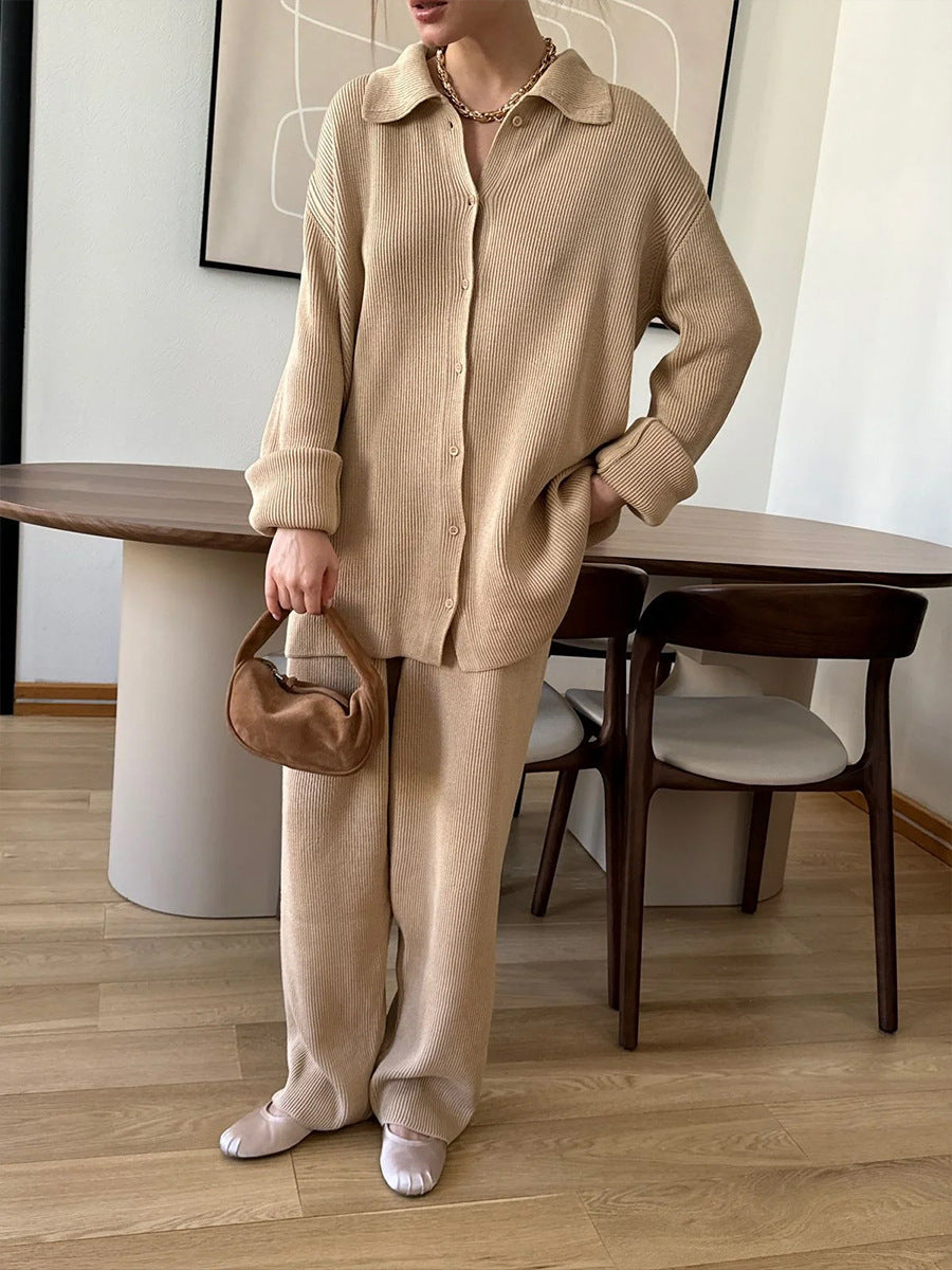 Collared Long Sleeve Knitting Autumn Winter Loose Office Bedford Cord Sweater Two Piece Sets