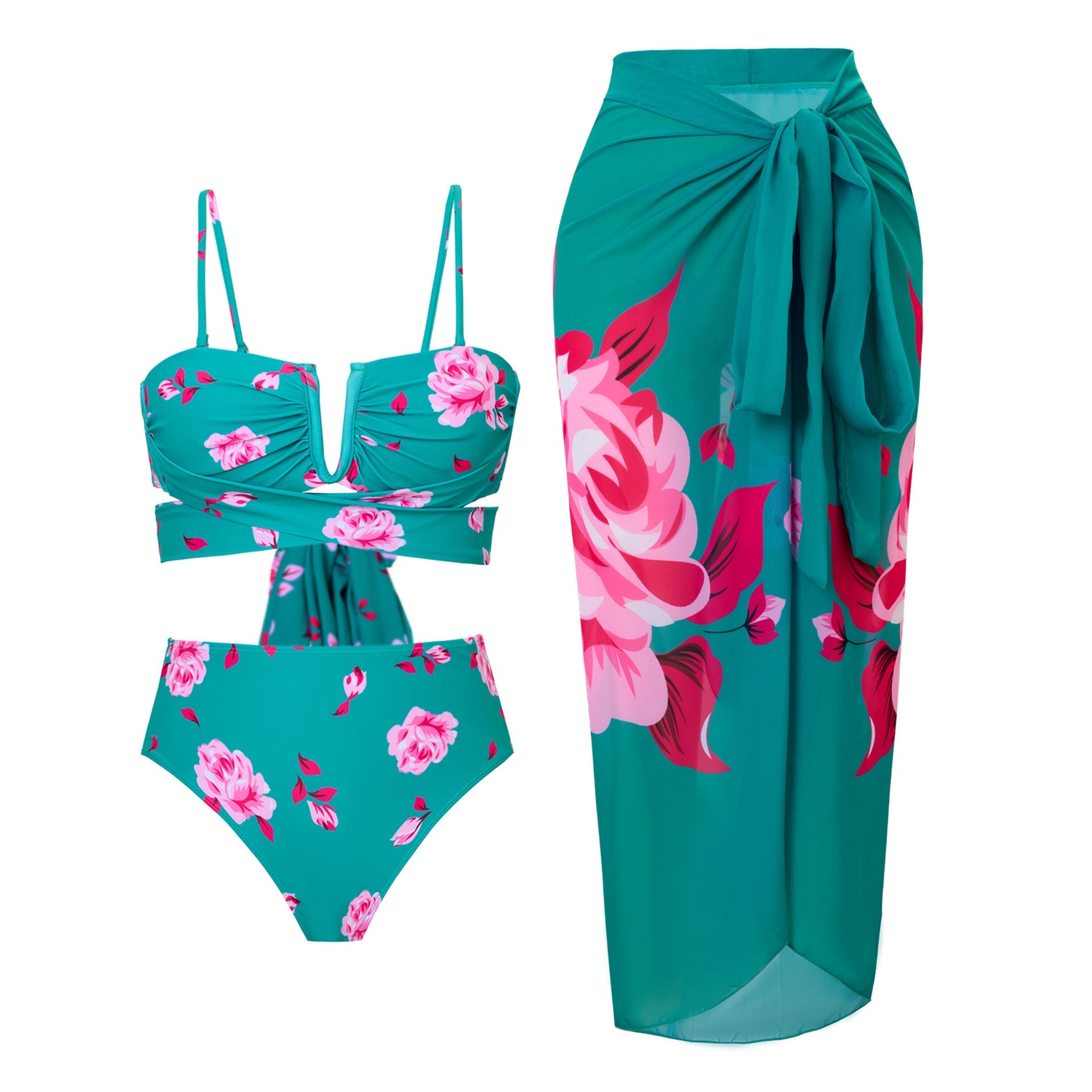 Split Three Piece Sexy Bikini Swimsuit for Women Chiffon Dress Swimsuit Outfit