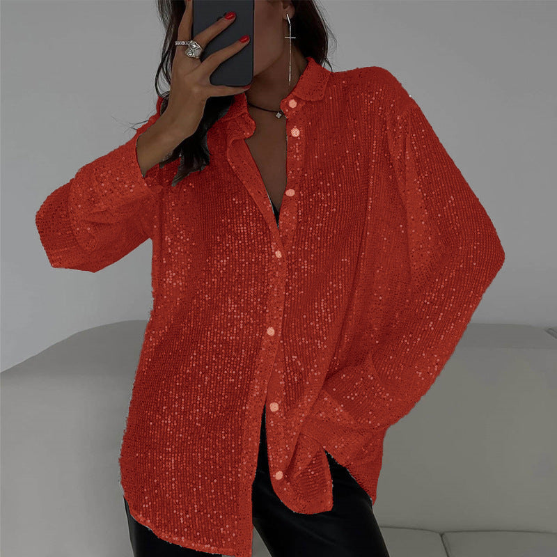 Spring Summer Sequin Top Collared Long Sleeve Cardigan Basic Women Clothing