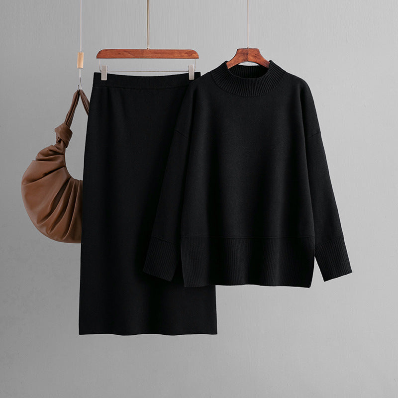 Solid Color Turtleneck Sweater Slit Half-Length Hip Skirt Two-Piece Set Autumn Winter Knitting Suit Women's