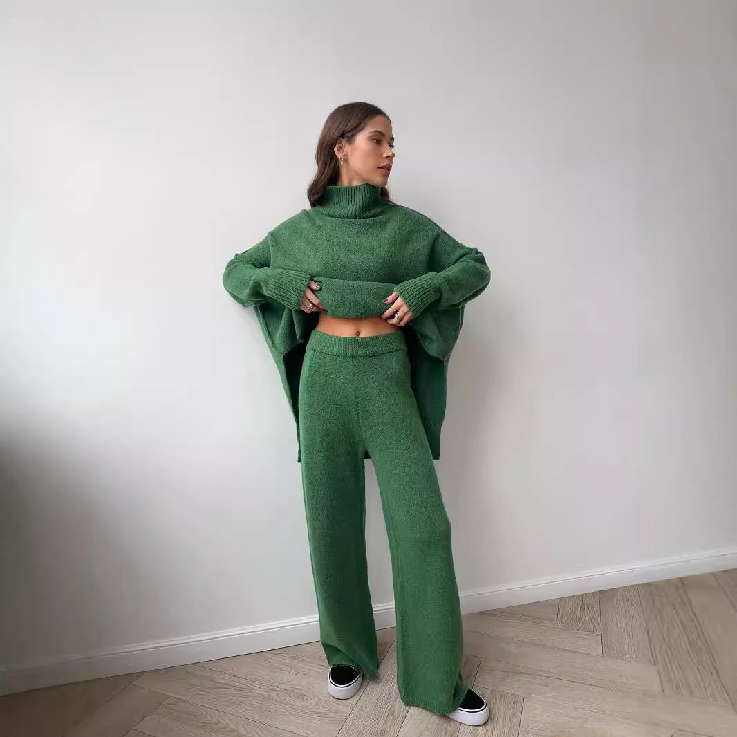 High Neck Split Wool Sweater Women Loose Casual Lazy Knitted Trousers Two Piece Set