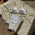 Solid Color Creative Stitching Pearl Floral Accessories Sexy Split Swimsuit Bikini