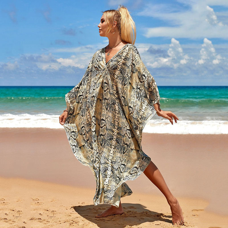 Elastic Printing Beach Cover-up Sexy Loose Chest Woven Vacation Beach Cover Up