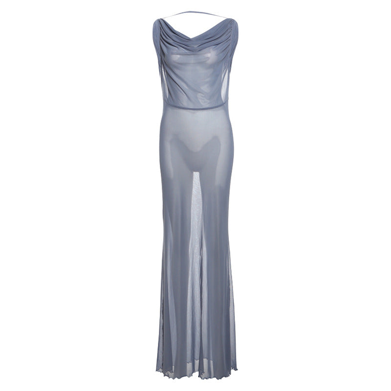 Summer Women Clothing Sexy Mesh See through Halter Backless Slim Maxi Dress