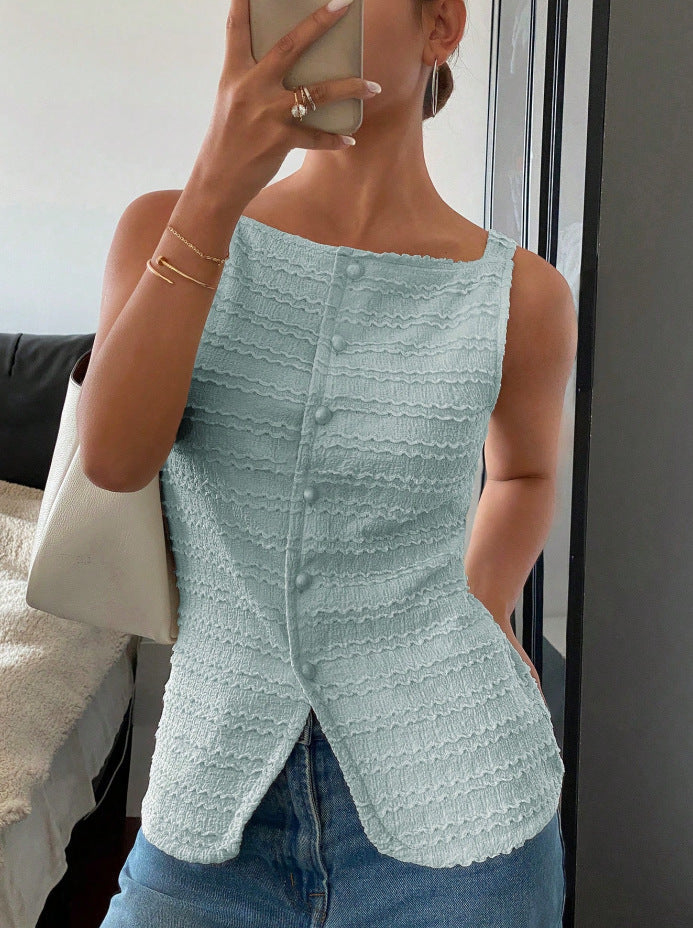 Elegant Single Breasted round Neck Sleeveless Slim Vest Solid Color Women Top