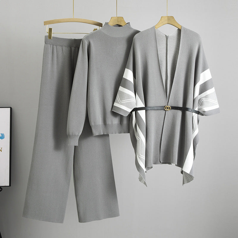 Spring Women Graceful Fashionable Knitted Shawl Cardigan Turtleneck Sweater Wide Leg Pants Three Piece Set