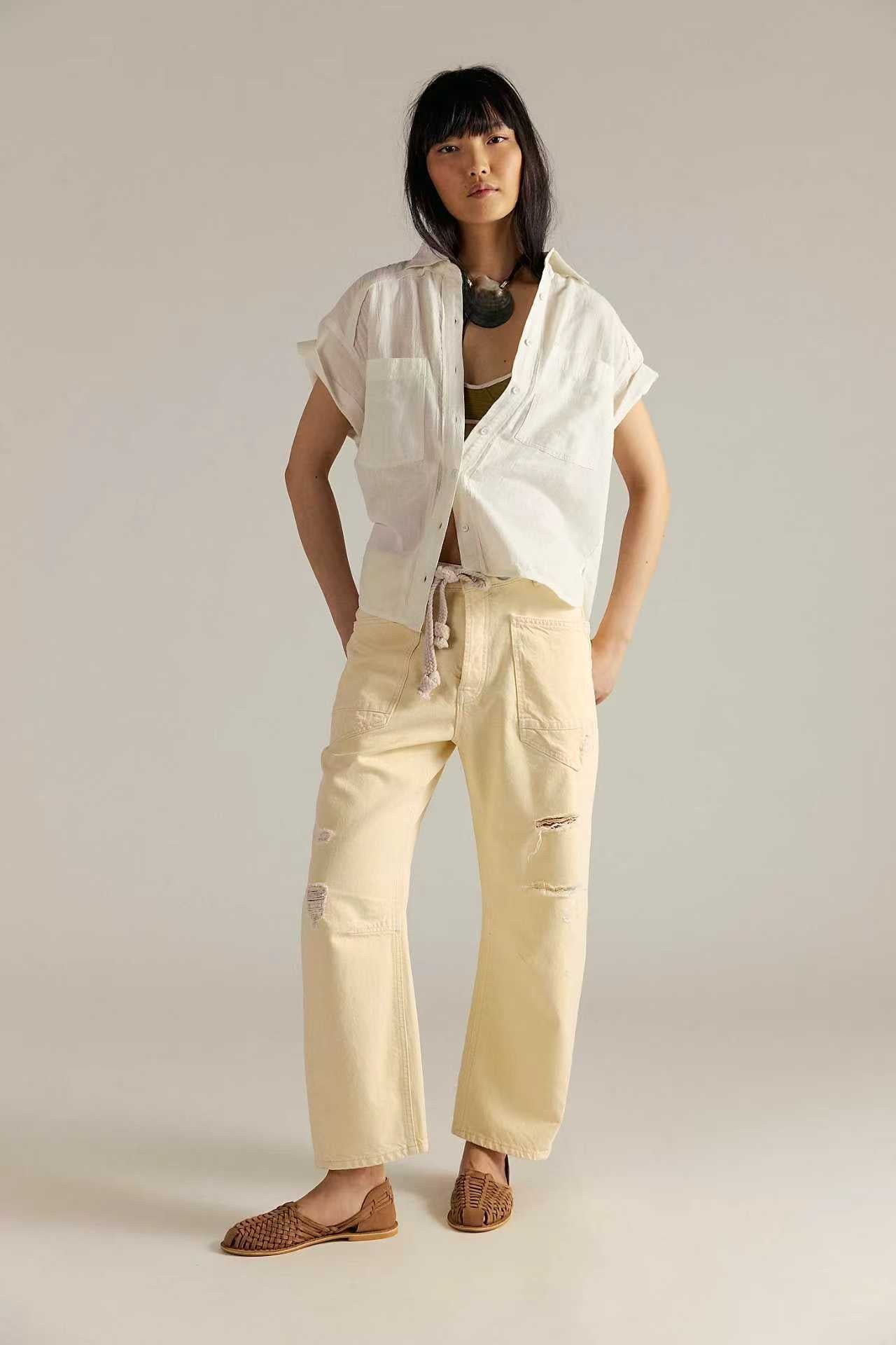 Eight Colors Retro Washed Stitching Patchwork Splash Ink Straight Drawstring