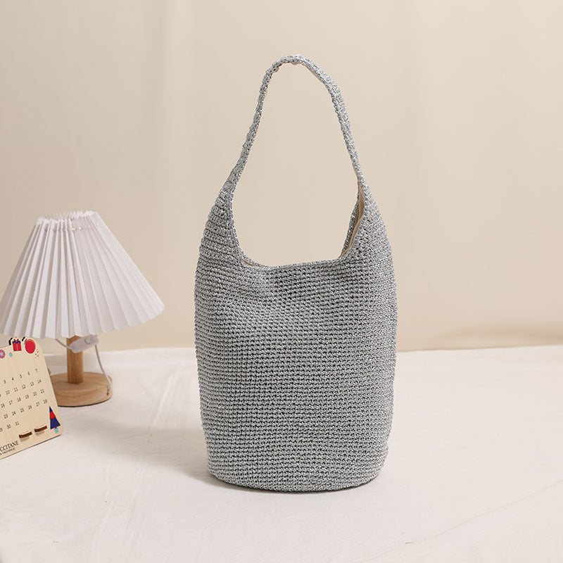 Casual Large Capacity Shoulder Straw Bag Portable Bucket Woven Bag Vacation Beach Bag Women Bag