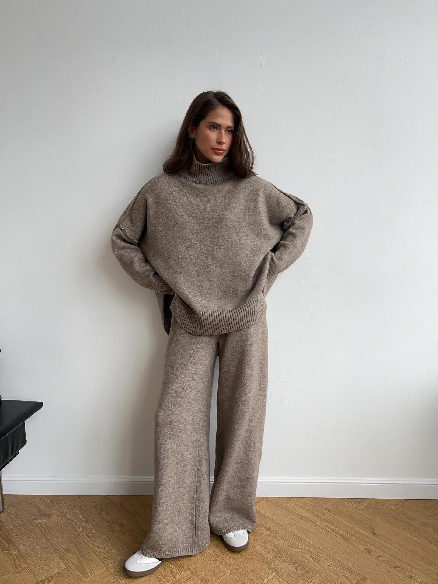 High Neck Split Wool Sweater Women Loose Casual Lazy Knitted Trousers Two Piece Set