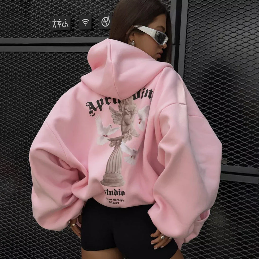 Loose Personality Trendy Sexy Casual Top Angel Print Hooded Zipper Sweatshirt for Women Spring Autumn