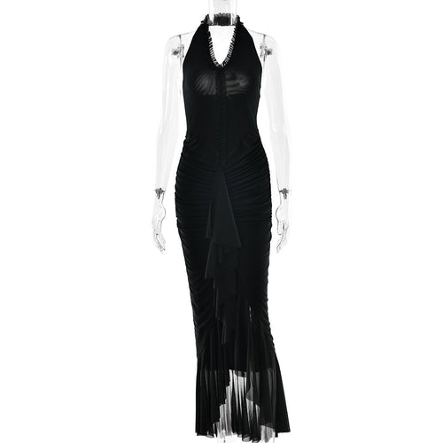 Arrival Sexy Halter Dress Summer Deep V Plunge Ruffled Slit Pleated Dress