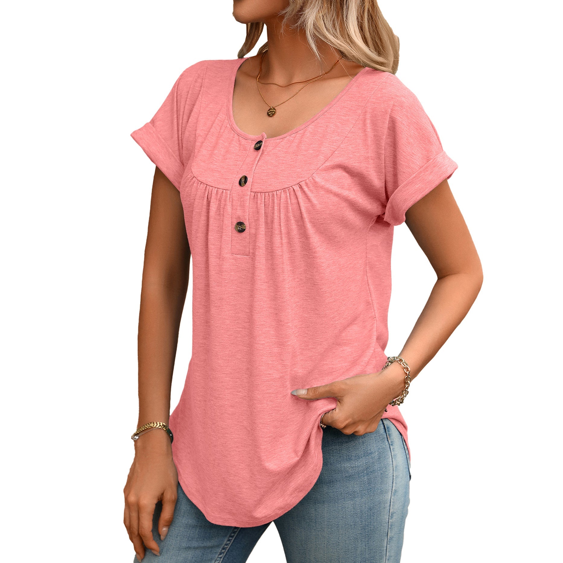 Summer Solid Color round Neck Button Loose Short Sleeve T shirt Top Women