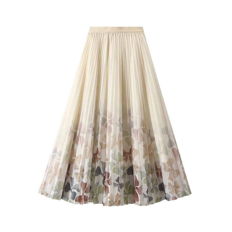 Printed Mesh Skirt Women Spring Summer Floral Gauze Skirt Mid Length Drape Pleated Skirt