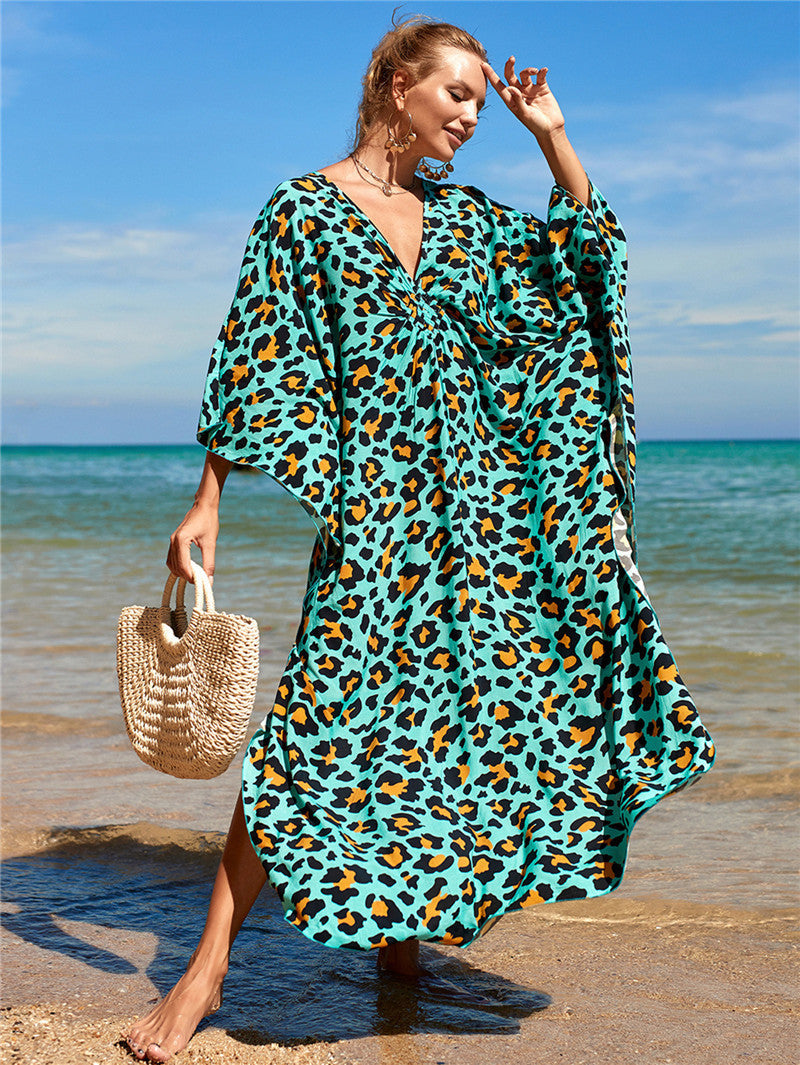 Elastic Printing Beach Cover-up Sexy Loose Chest Woven Vacation Beach Cover Up
