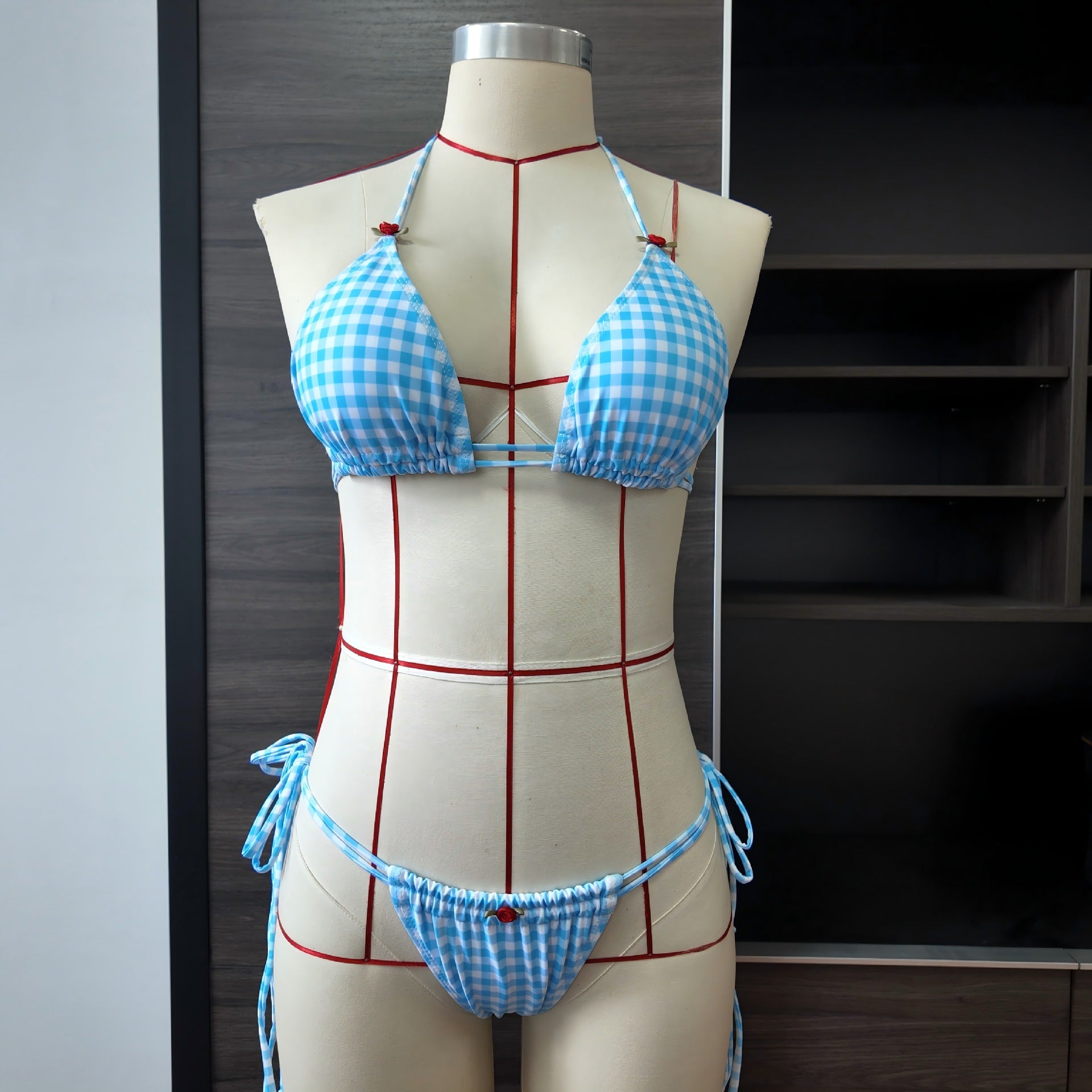 Blue White Plaid Banded Bikini Women Printed Roses Sexy Split Swimsuit Women